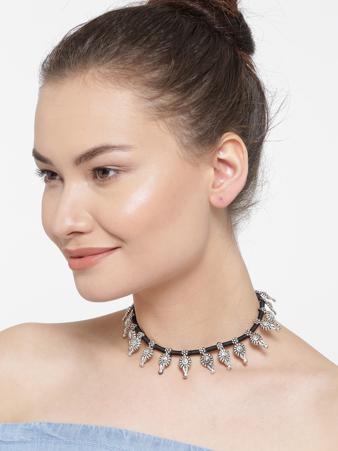 YouBella Oxidised Silver-Toned  Black Metal Necklace
